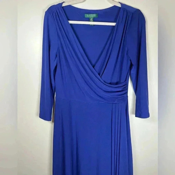 Lauren Ralph Lauren Classic Wrap Style Dress Ruched Deep Blue Women’s Size 10 - Picture 6 of 11